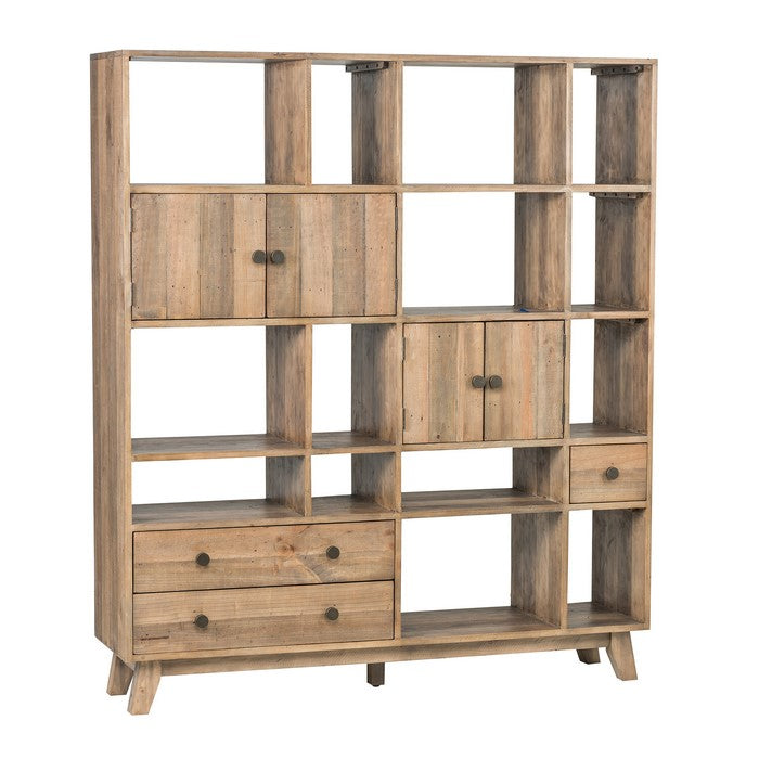 Multiple Shelf Wooden Wall Unit with 3 Drawers and 2 Cabinets,Natural Brown