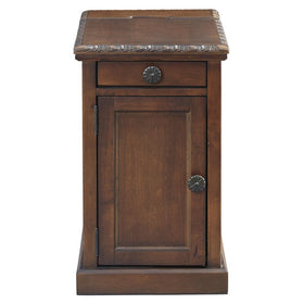 1 Door Chair Side End Table with Pull Out Tray and Power Strip, Brown