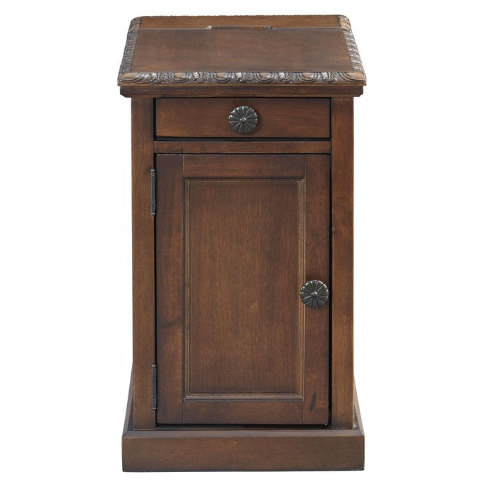 1 Door Chair Side End Table with Pull Out Tray and Power Strip, Brown