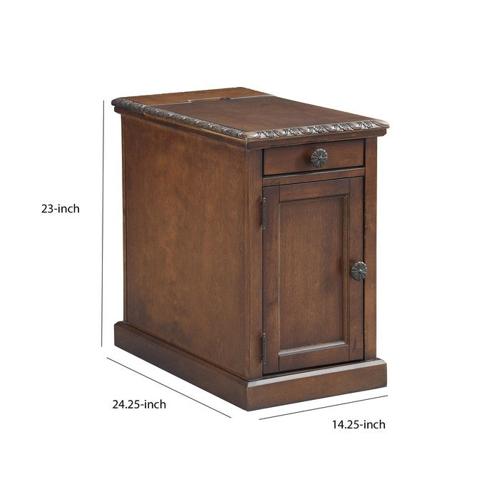 1 Door Chair Side End Table with Pull Out Tray and Power Strip, Brown