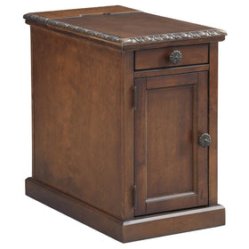 1 Door Chair Side End Table with Pull Out Tray and Power Strip, Brown