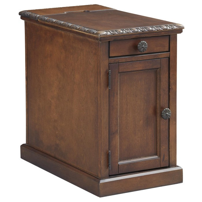 1 Door Chair Side End Table with Pull Out Tray and Power Strip, Brown