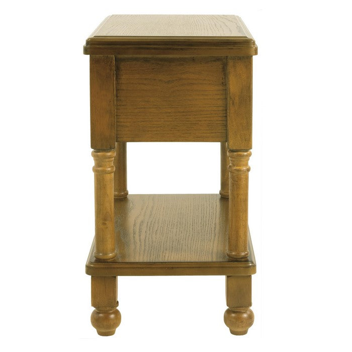 1 Drawer Chair Side End Table with Open Bottom Shelf and Turned Legs, Brown