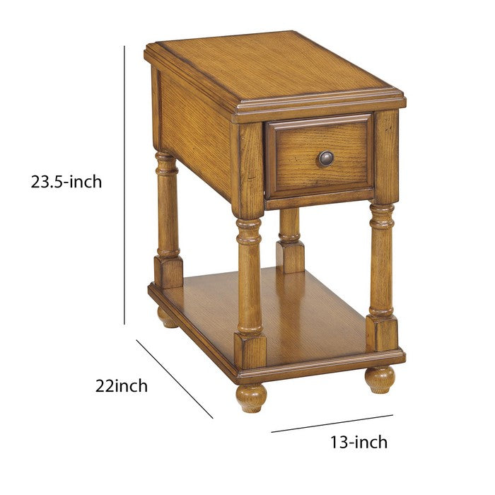1 Drawer Chair Side End Table with Open Bottom Shelf and Turned Legs, Brown