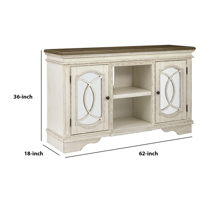 2 Cabinet Wooden TV Stand with Adjustable Shelves, Large, White and Brown