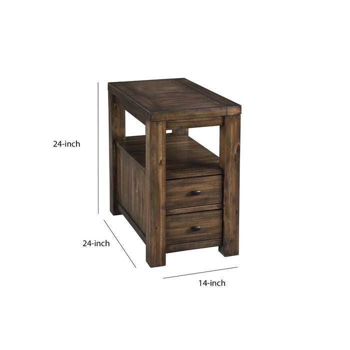 2 Drawer Chair Side End Table with Open Shelf, Brown