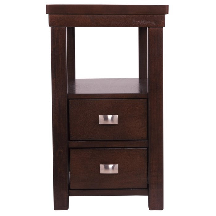 2 Drawer Chair Side End Table with Open Shelf, Dark Brown