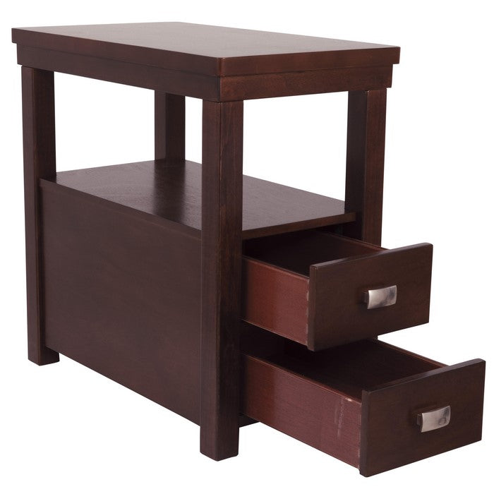 2 Drawer Chair Side End Table with Open Shelf, Dark Brown