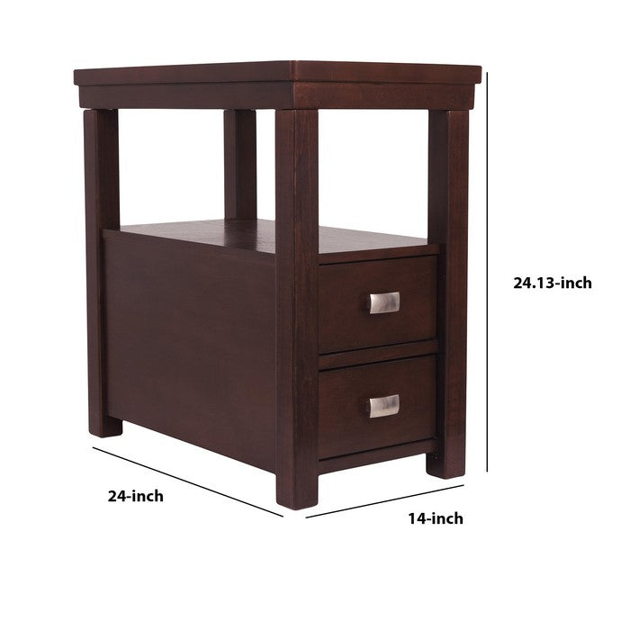 2 Drawer Chair Side End Table with Open Shelf, Dark Brown