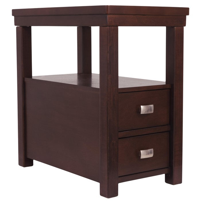 2 Drawer Chair Side End Table with Open Shelf, Dark Brown