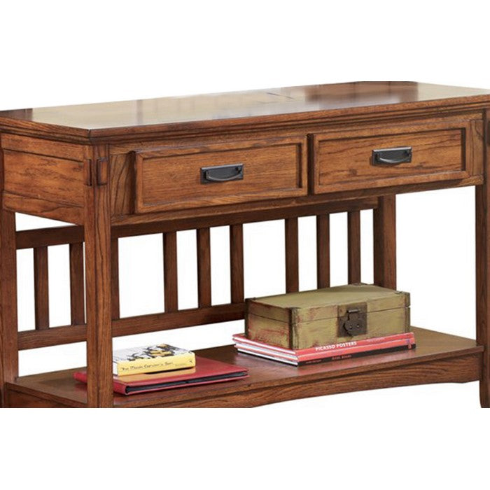 2 Drawer Mission Style Console Table with Open Bottom Shelf, Brown