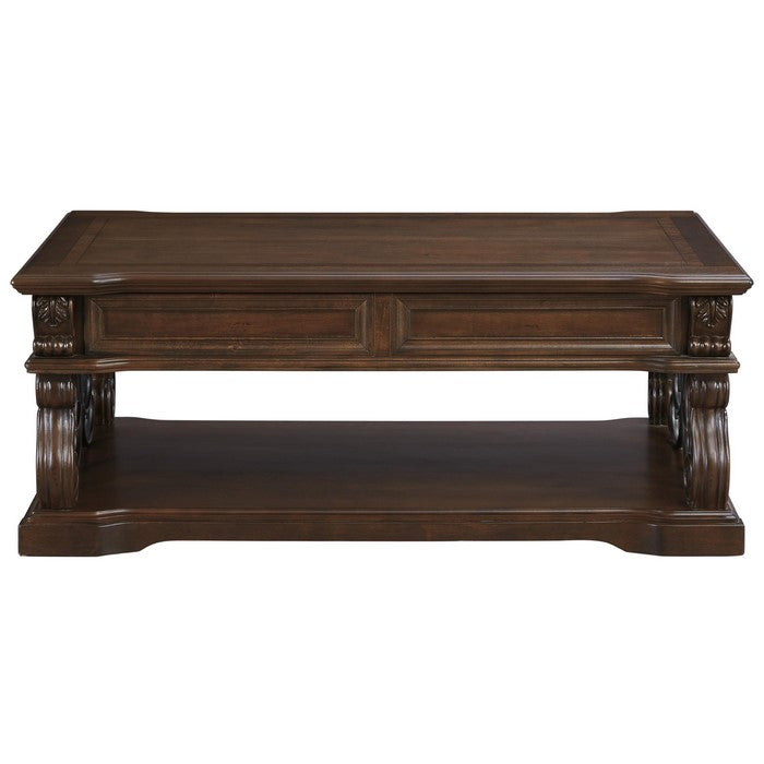 2 Drawer Scroll Lift Top Cocktail Table with Open Bottom Shelf, Brown