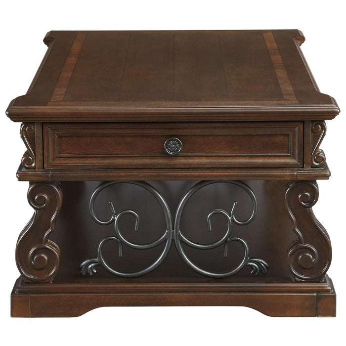 2 Drawer Scroll Lift Top Cocktail Table with Open Bottom Shelf, Brown