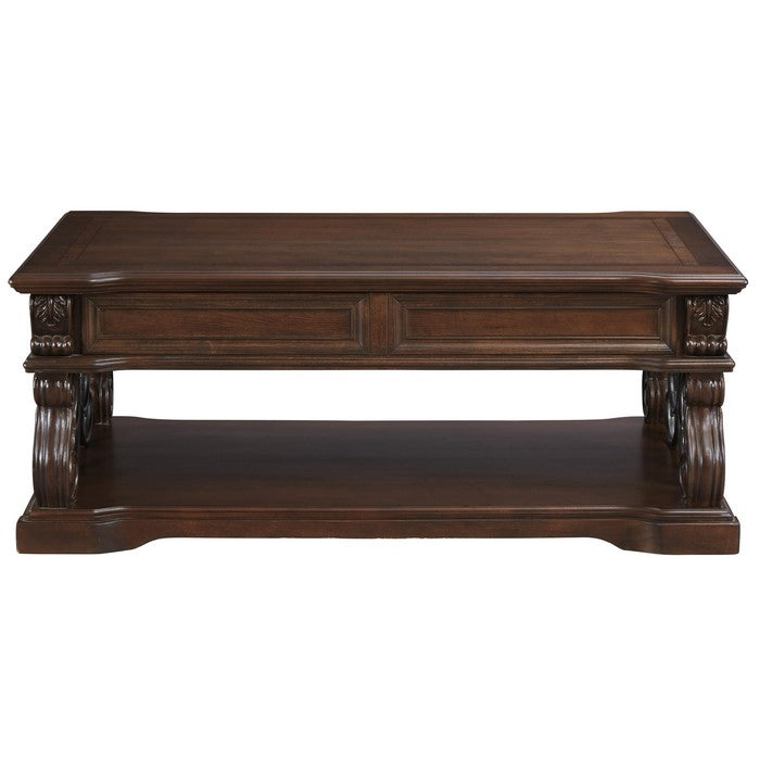 2 Drawer Scroll Lift Top Cocktail Table with Open Bottom Shelf, Brown