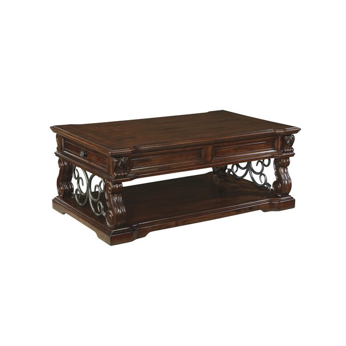 2 Drawer Scroll Lift Top Cocktail Table with Open Bottom Shelf, Brown