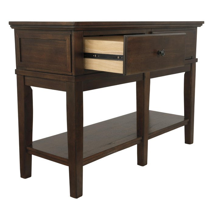 2 Drawer Wooden Console Table with Block Feet and Open Bottom Shelf, Brown