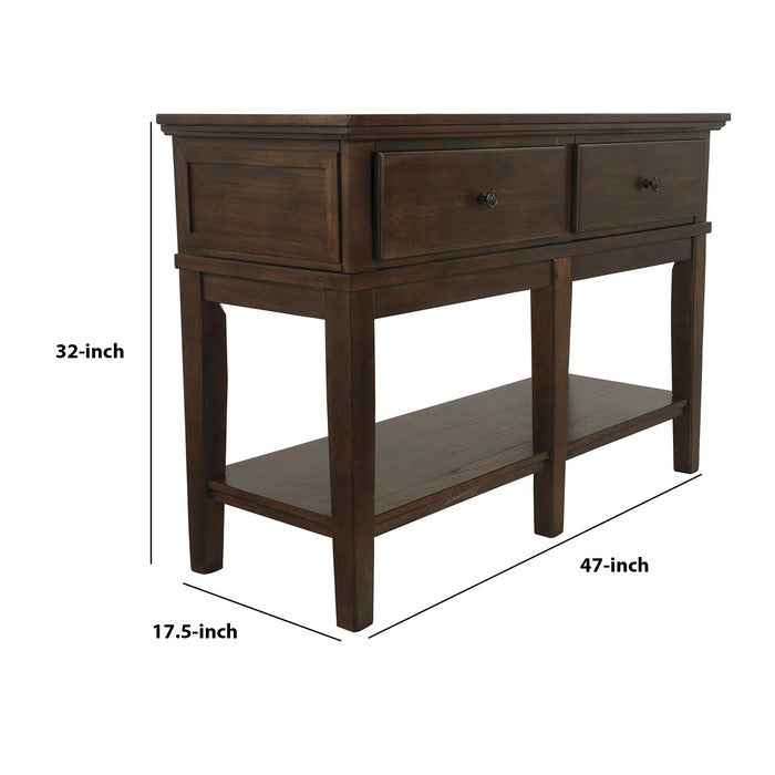2 Drawer Wooden Console Table with Block Feet and Open Bottom Shelf, Brown