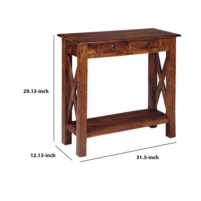 2 Drawer Wooden Console Table with Block Legs, Brown