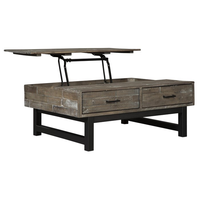 2 Drawer Wooden Lift Top Cocktail Table with Block Legs, Brown and Black
