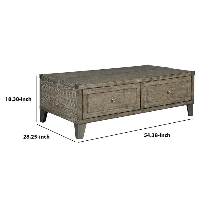 2 Drawer Wooden Lift Top Cocktail Table with Metal Accents, Brown