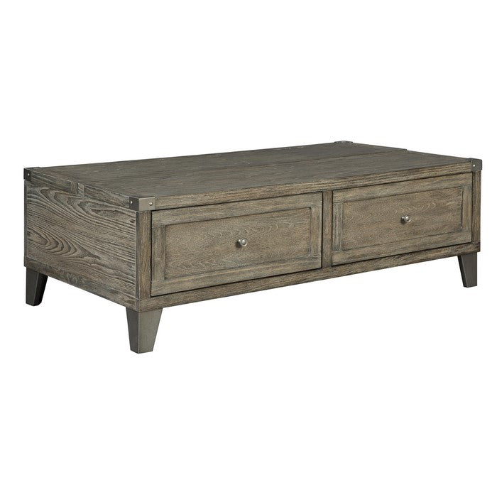 2 Drawer Wooden Lift Top Cocktail Table with Metal Accents, Brown