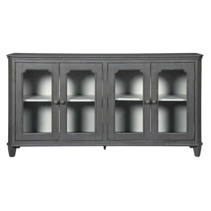 4 Door Cabinet with Glass Inserts and Rustic Details, Antique Gray