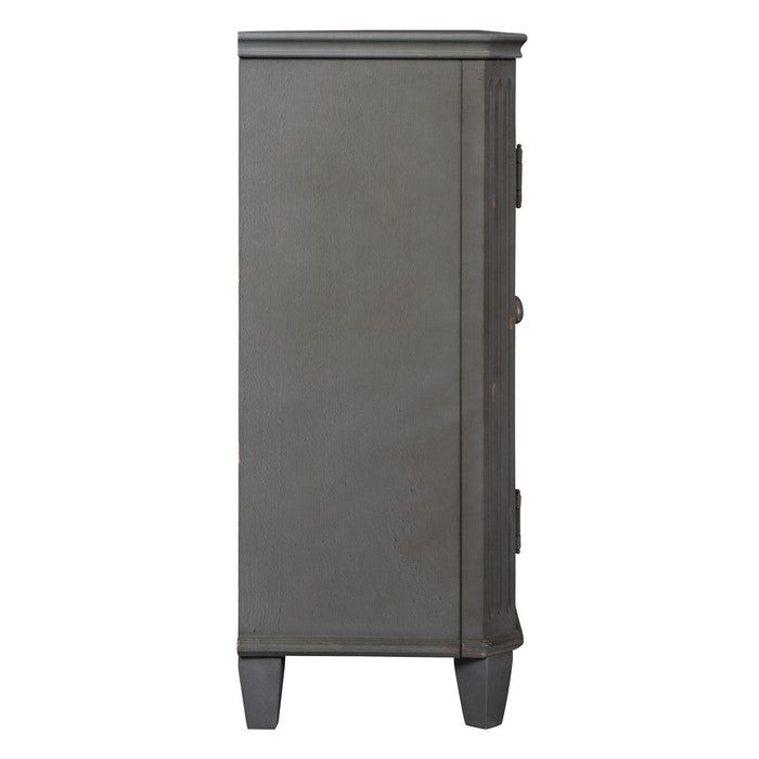 4 Door Cabinet with Glass Inserts and Rustic Details, Antique Gray