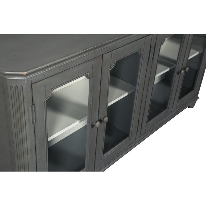 4 Door Cabinet with Glass Inserts and Rustic Details, Antique Gray