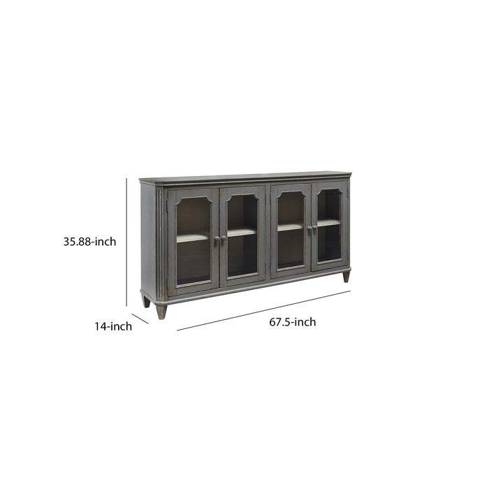 4 Door Cabinet with Glass Inserts and Rustic Details, Antique Gray