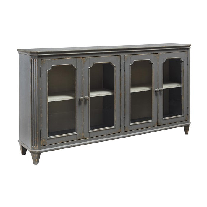 4 Door Cabinet with Glass Inserts and Rustic Details, Antique Gray