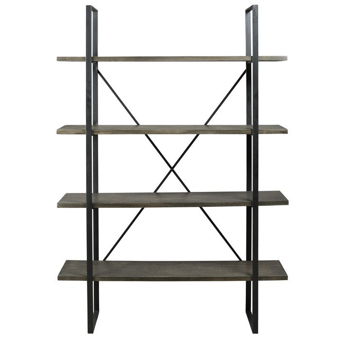 4 Tier Rectangle Metal Frame Bookcase with X Shaped Support, Black and Gray