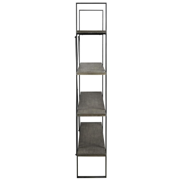 4 Tier Rectangle Metal Frame Bookcase with X Shaped Support, Black and Gray