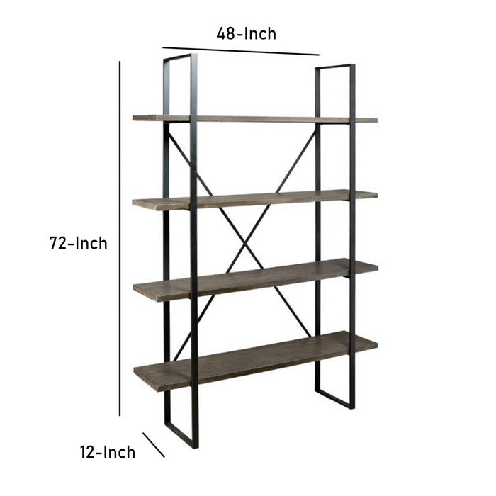 4 Tier Rectangle Metal Frame Bookcase with X Shaped Support, Black and Gray