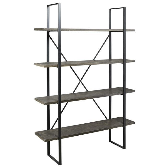 4 Tier Rectangle Metal Frame Bookcase with X Shaped Support, Black and Gray