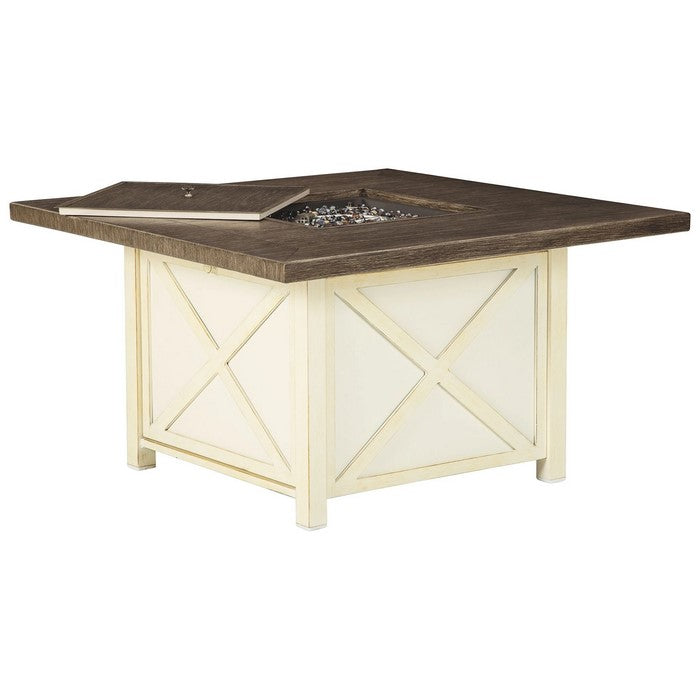 47 Inches Square Aluminum Frame Fire Pit Table with Door, Brown and White