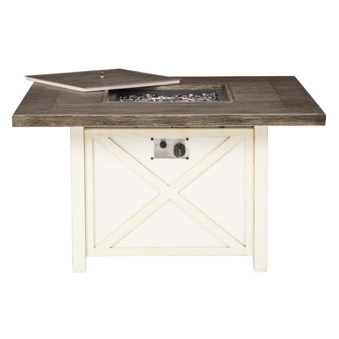 47 Inches Square Aluminum Frame Fire Pit Table with Door, Brown and White