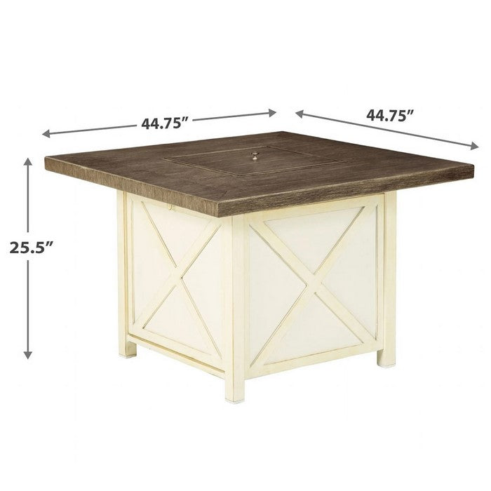 47 Inches Square Aluminum Frame Fire Pit Table with Door, Brown and White