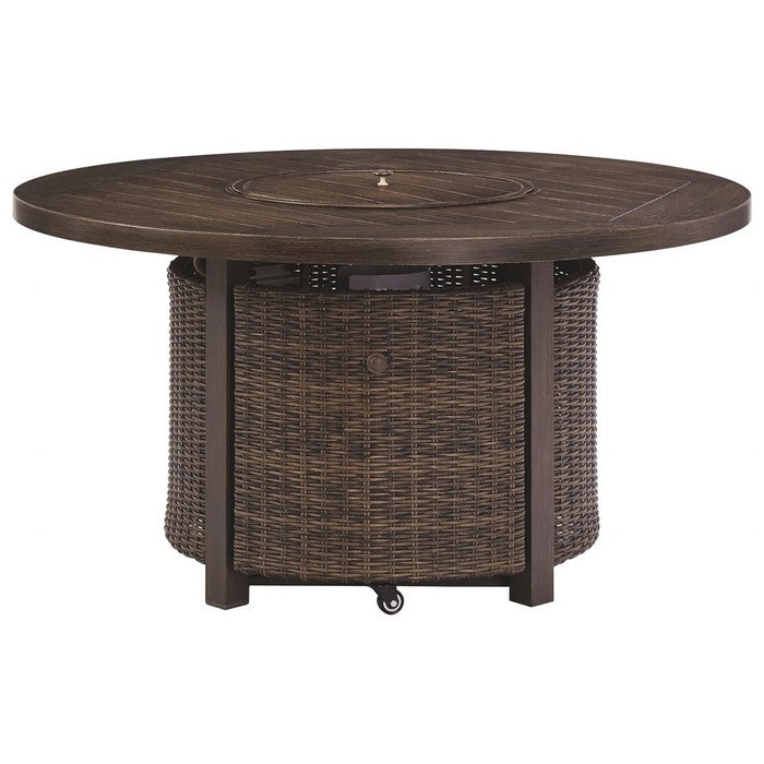 48 Inches Round Fire Pit Table with Handwoven Resin Wicker, Brown