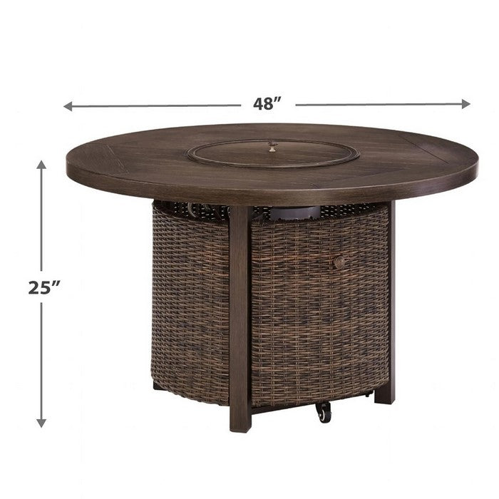 48 Inches Round Fire Pit Table with Handwoven Resin Wicker, Brown