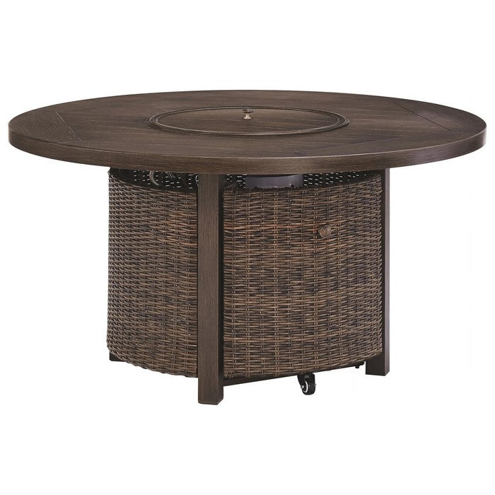 48 Inches Round Fire Pit Table with Handwoven Resin Wicker, Brown