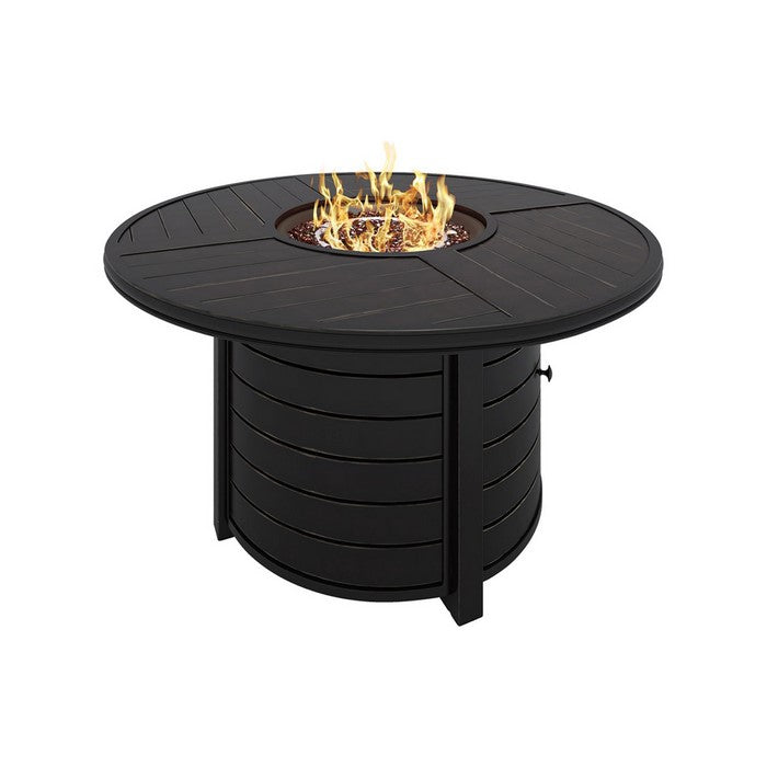 48 Inches Round Plank Style Aluminum Frame Fire Pit Table with Door, Black