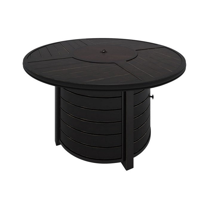48 Inches Round Plank Style Aluminum Frame Fire Pit Table with Door, Black