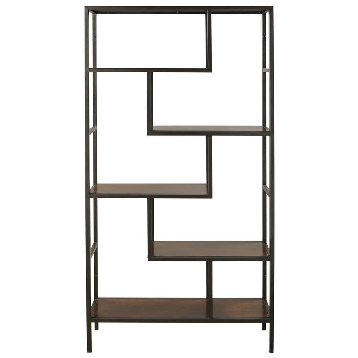 5 Shelves Asymmetric Design Bookcase with Metal Frame, Brown and Black