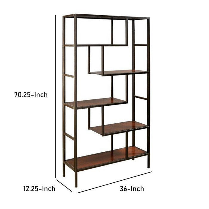 5 Shelves Asymmetric Design Bookcase with Metal Frame, Brown and Black