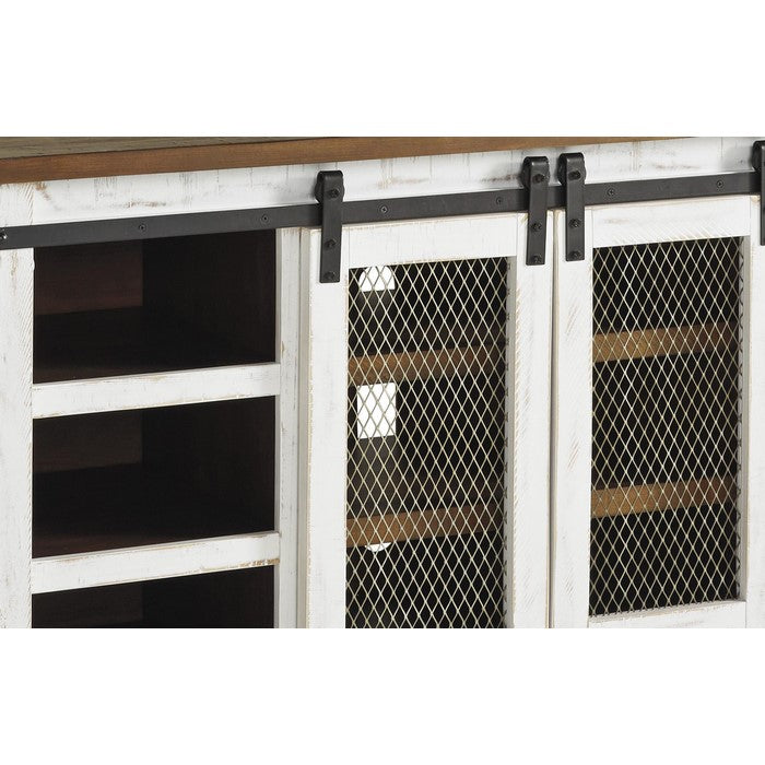 63 Inch 6 Shelf Wooden TV Stand with 2 Barn Sliding Doors, Brown and White