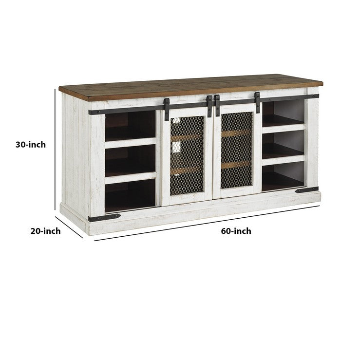 63 Inch 6 Shelf Wooden TV Stand with 2 Barn Sliding Doors, Brown and White