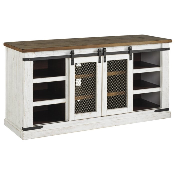 63 Inch 6 Shelf Wooden TV Stand with 2 Barn Sliding Doors, Brown and White