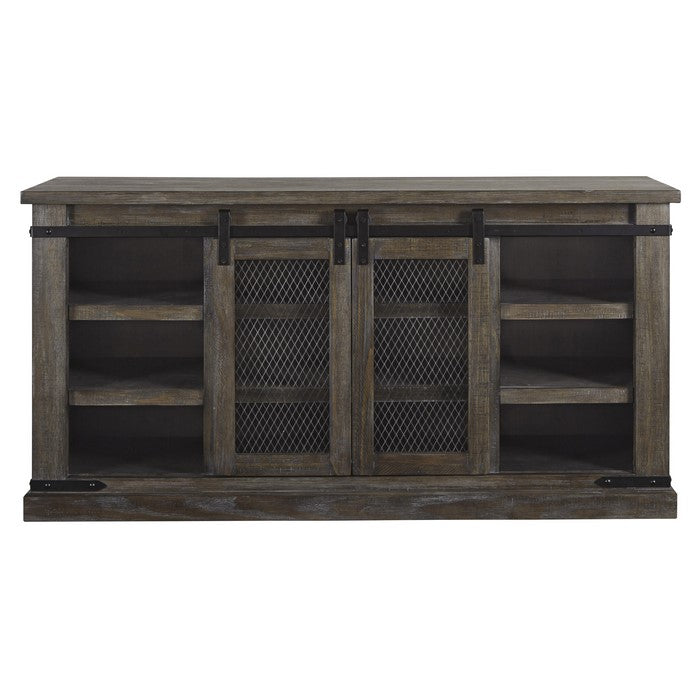 63 Inch Wooden TV Stand with 2 Barn Sliding Doors and 6 Shelves, Brown