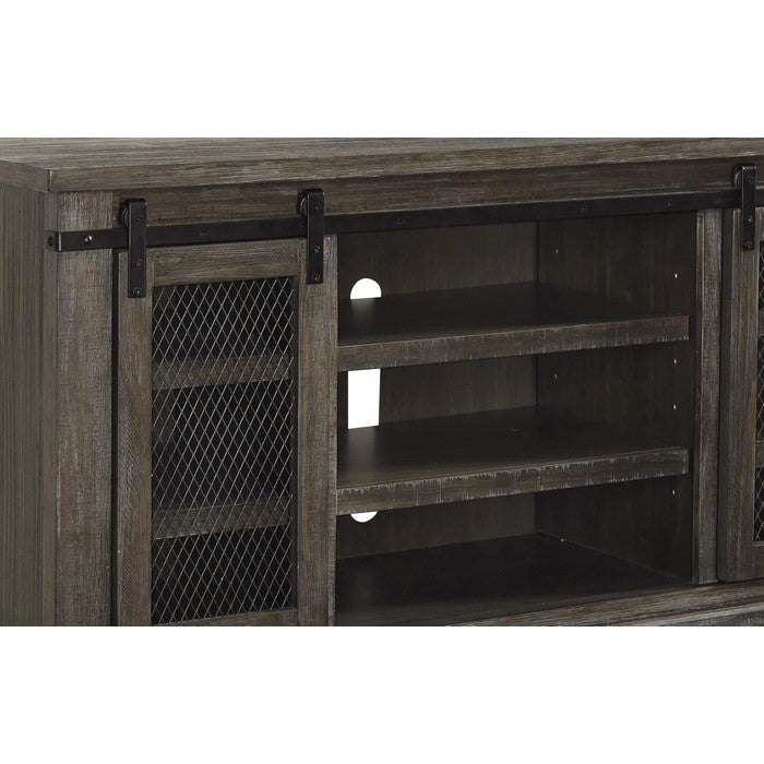 63 Inch Wooden TV Stand with 2 Barn Sliding Doors and 6 Shelves, Brown