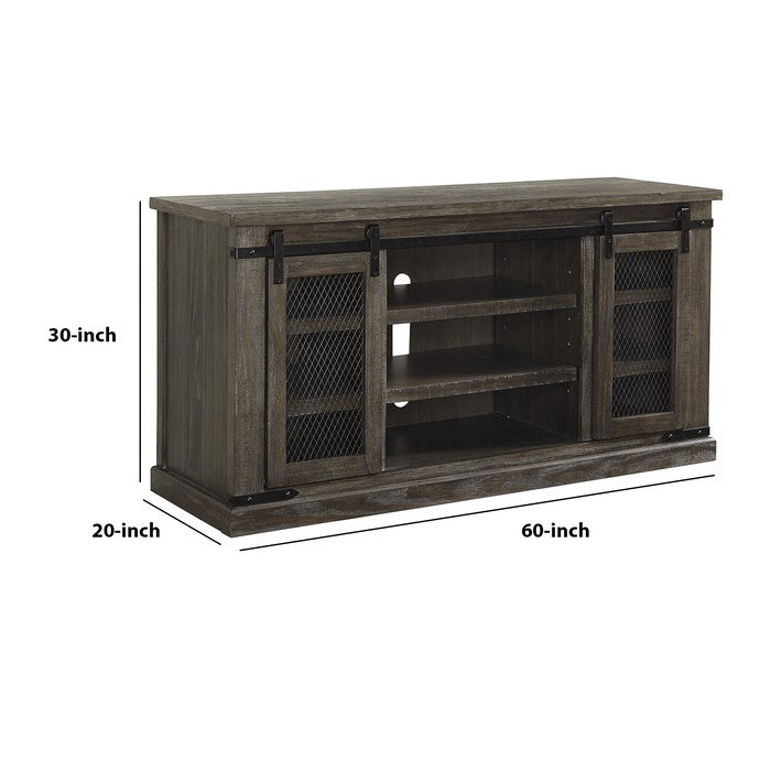 63 Inch Wooden TV Stand with 2 Barn Sliding Doors and 6 Shelves, Brown